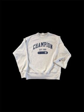 Champion Light Gray Crewneck Sweatshirt with Navy Logo